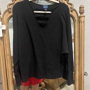 Daytrip Black Ribbed Crisscross V-Neck Sweatshirt